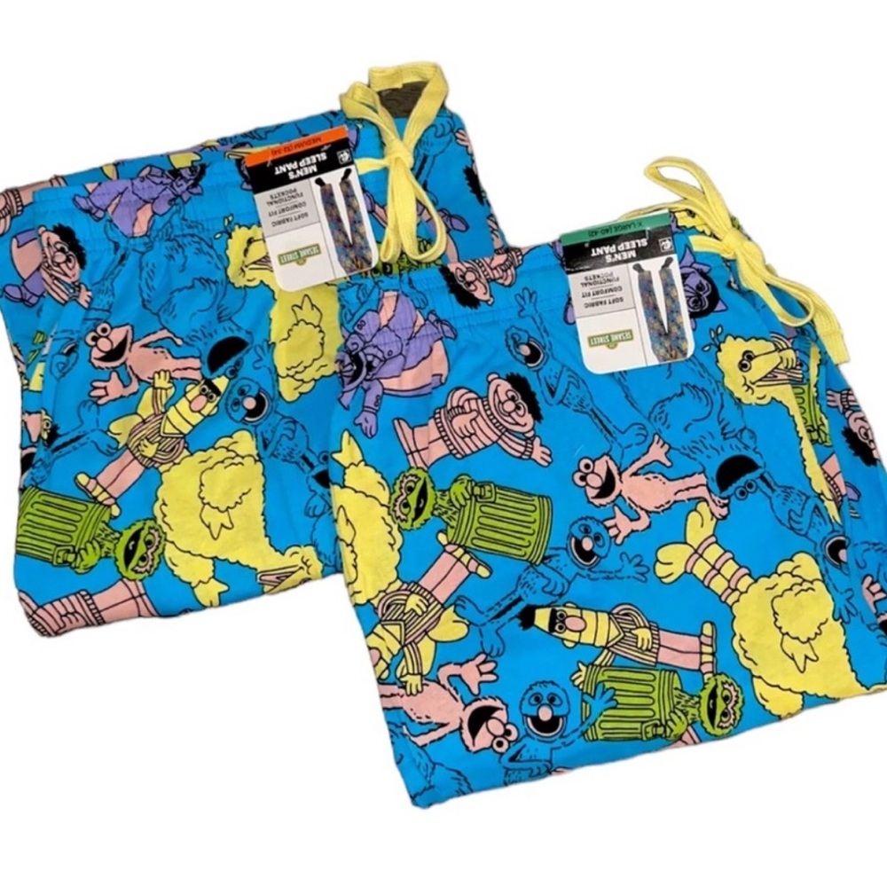 2 Pairs Men’s Sesame Street Pastel Character Art Men's Blue Sleep Pajama Pants